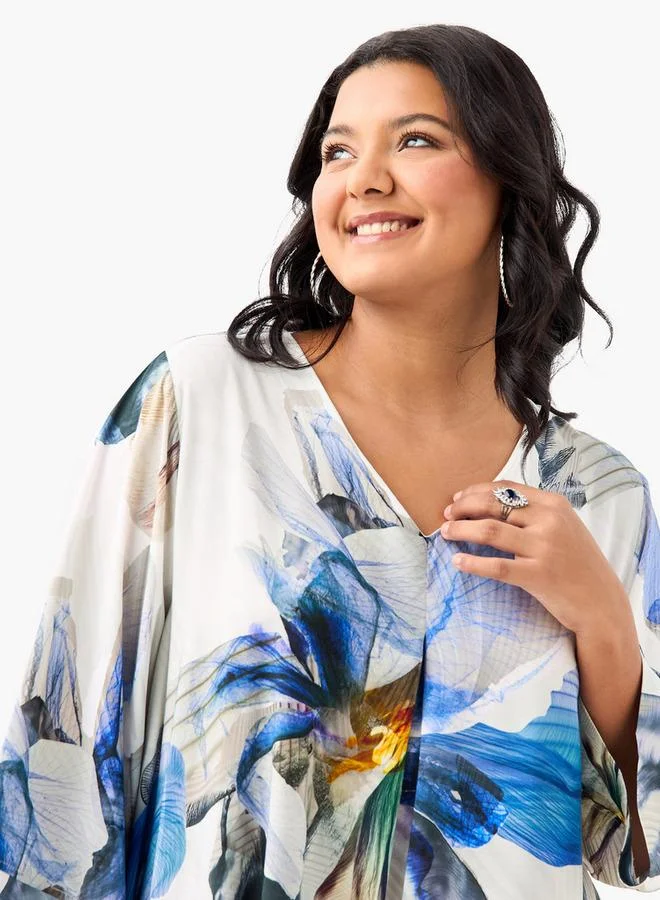  أولا بوبكن فستان مقاس كبير بطبعة زهور ورقبة على شكل  وأكمام ثلاثة أرباع من أولا بوبكن