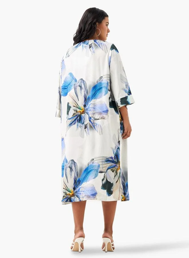  أولا بوبكن فستان مقاس كبير بطبعة زهور ورقبة على شكل  وأكمام ثلاثة أرباع من أولا بوبكن