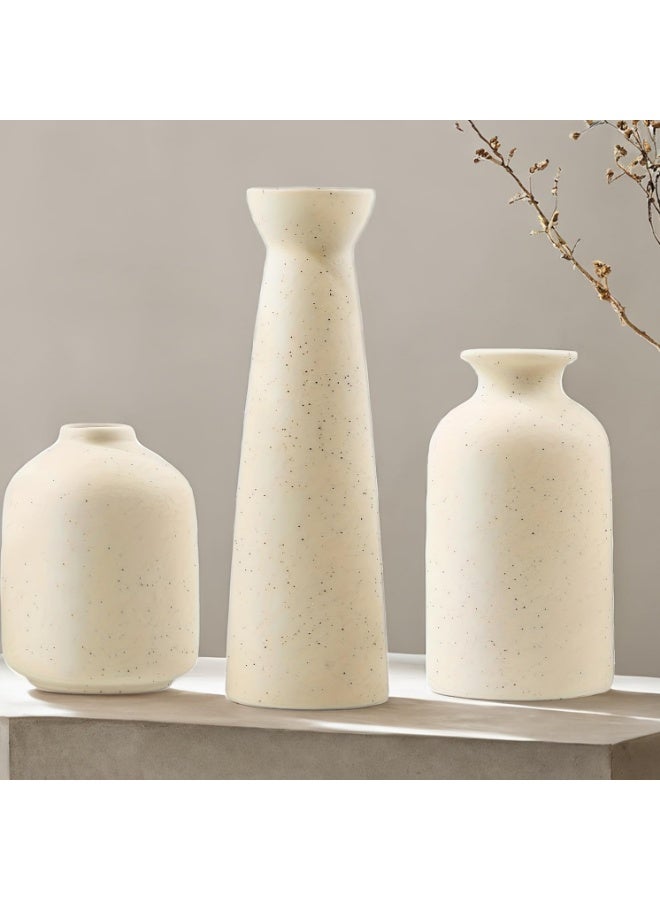 FASHION HOME مجموعة مزهريات سيراميك متضررة من 3 قطع ديكور منزلي حديث بوهيمي مزرعة مع أعشاب البامبا وزهور مجففة - Image 2