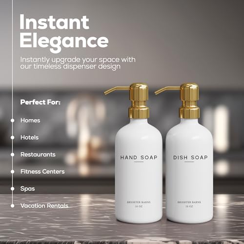 Brighter Barns Luxury Glass Hand and Dish Soap Dispenser Set by Brighter Barns - Kitchen Soap Dispenser Set & Stainless Steel Pump - Glass Bottle for Sink - White and Gold Kitchen Accessories for Airbnb, Gift (Gold) - Image 2