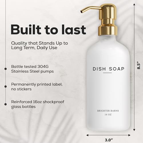 Brighter Barns Luxury Glass Hand and Dish Soap Dispenser Set by Brighter Barns - Kitchen Soap Dispenser Set & Stainless Steel Pump - Glass Bottle for Sink - White and Gold Kitchen Accessories for Airbnb, Gift (Gold) - Image 3