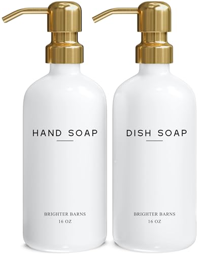 Brighter Barns Luxury Glass Hand and Dish Soap Dispenser Set by Brighter Barns - Kitchen Soap Dispenser Set & Stainless Steel Pump - Glass Bottle for Sink - White and Gold Kitchen Accessories for Airbnb, Gift (Gold) - Image 1