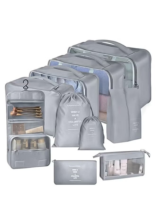 10 Set Packing Cubes for Suitcases, Travel Luggage Organizer, Travel Packing Kit with Clothes Storage Bag & Shoes Bag & Toiletry Bag & Underwear Bag-Black (Grey) - Image 1