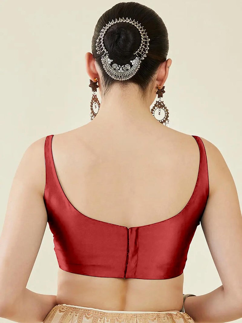 Mehrang Classic Sleeveless Silk, Traditional Scoop Neck Design, Readymade Saree Blouse for Women Stylish (Red, S) - Image 2