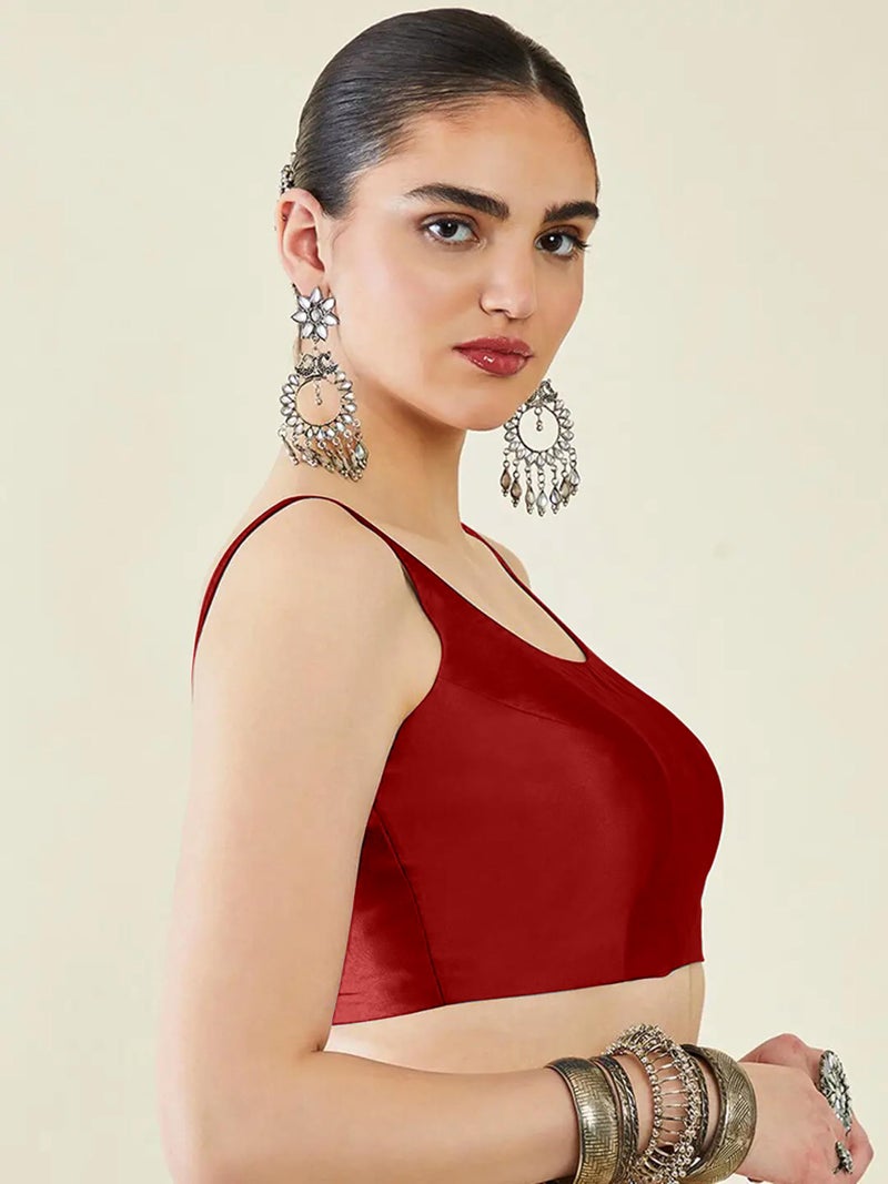 Mehrang Classic Sleeveless Silk, Traditional Scoop Neck Design, Readymade Saree Blouse for Women Stylish (Red, S) - Image 3