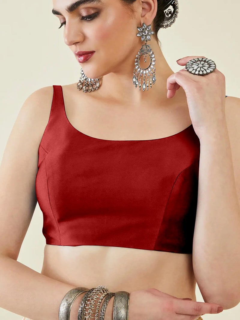 Mehrang Classic Sleeveless Silk, Traditional Scoop Neck Design, Readymade Saree Blouse for Women Stylish (Red, S) - Image 4