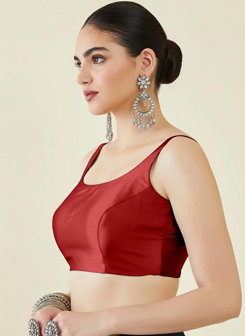 Mehrang Classic Sleeveless Silk, Traditional Scoop Neck Design, Readymade Saree Blouse for Women Stylish (Red, S) - Image 5