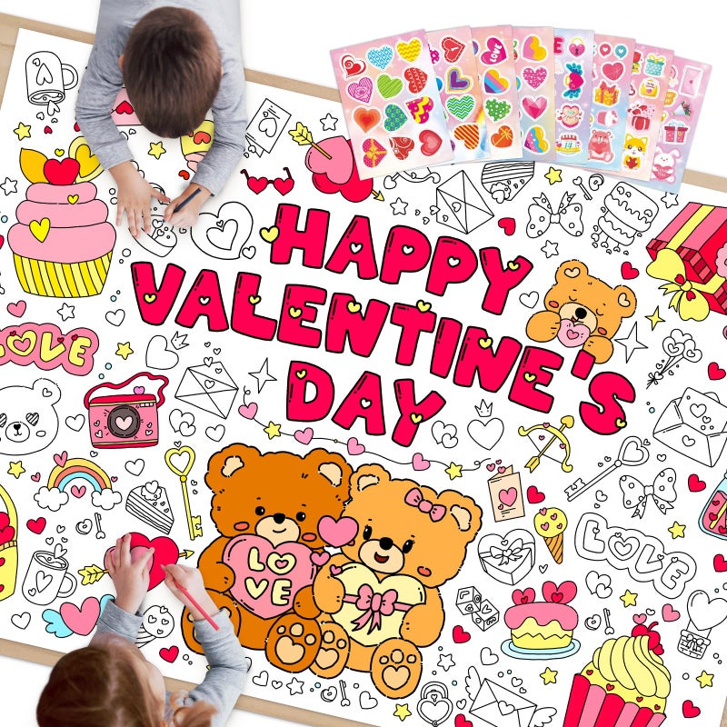 SICOHOME Valentines Coloring Tablecloth - 46x33 inch Valentines Day Crafts for Kids Giant Coloring Poster with 91 PCS Valentines Stickers Coloring Table Cover Valentines Day Gifts for Kids Classroom - Image 1