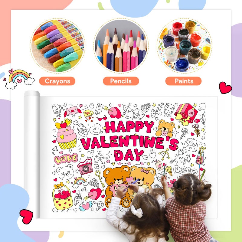 SICOHOME Valentines Coloring Tablecloth - 46x33 inch Valentines Day Crafts for Kids Giant Coloring Poster with 91 PCS Valentines Stickers Coloring Table Cover Valentines Day Gifts for Kids Classroom - Image 4