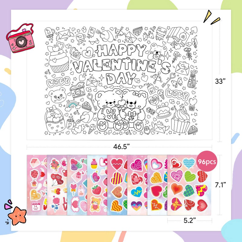 SICOHOME Valentines Coloring Tablecloth - 46x33 inch Valentines Day Crafts for Kids Giant Coloring Poster with 91 PCS Valentines Stickers Coloring Table Cover Valentines Day Gifts for Kids Classroom - Image 2