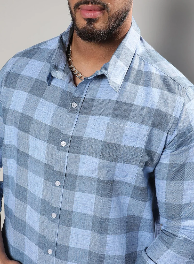 Instafab Plus Campus Sutra Men's Blue Checks Button Up Regular Fit Shirt For Casual Wear | Cotton Spread Collar Shirt Crafted With Regular Sleeve, Comfort Fit & High-Performance For Everyday Wear