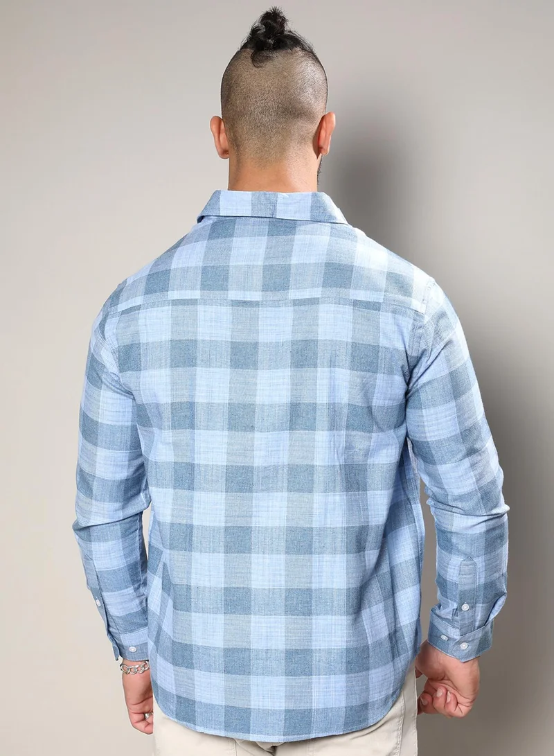 Instafab Plus Campus Sutra Men's Blue Checks Button Up Regular Fit Shirt For Casual Wear | Cotton Spread Collar Shirt Crafted With Regular Sleeve, Comfort Fit & High-Performance For Everyday Wear