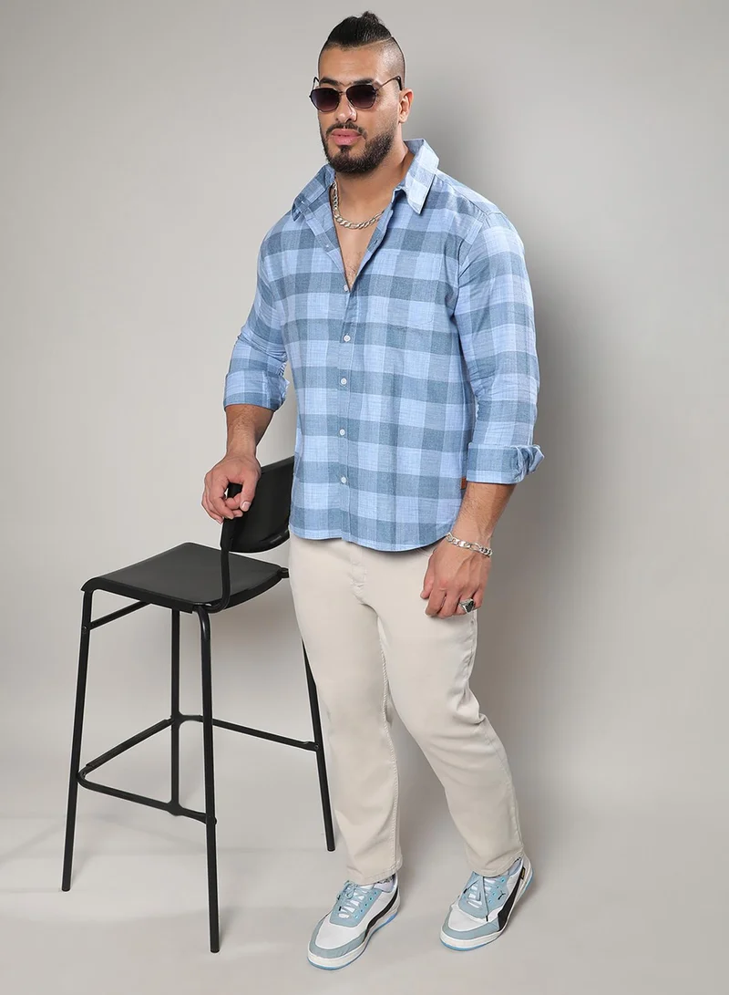 Instafab Plus Campus Sutra Men's Blue Checks Button Up Regular Fit Shirt For Casual Wear | Cotton Spread Collar Shirt Crafted With Regular Sleeve, Comfort Fit & High-Performance For Everyday Wear