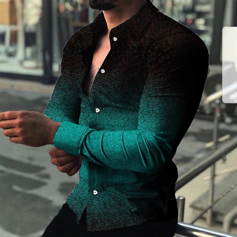 Men's Gradient Floral Print Shirt, Long Sleeve, Spread Collar, Relaxed Fit - Image 2