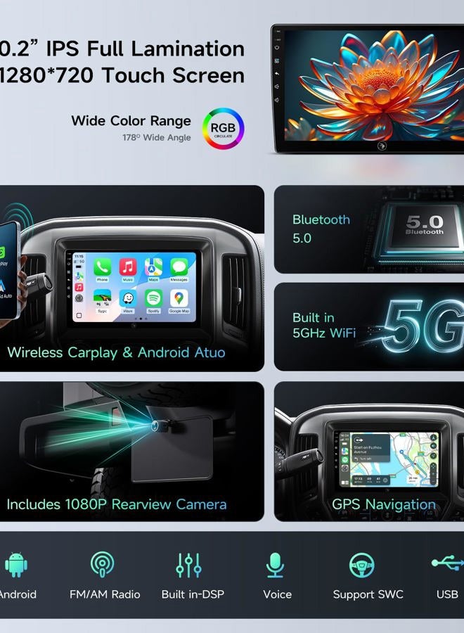 AINAVIGO 10.2" Car Stereo Radio for Chevy Silverado & GMC Sierra 2014-2018 - Wireless CarPlay & Android Auto, 5G WiFi GPS Navigation, Bluetooth FM/SWC, 1080P Backup Camera, Responsive Touchscreen - Image 5