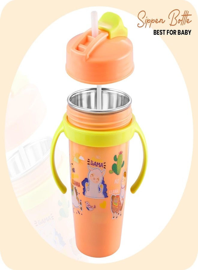 Zerya Stainless Steel Double Walled 360ml BPA-Free Sippy Cup Anti-Spill Soft Silicone Spout Baby Sipper Water Bottle with Straw and Side Handle for Kids (Snozzy - Orange) - Image 4