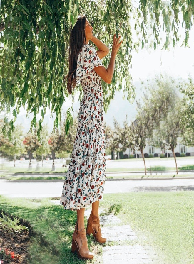 AWIBMK Mommy and Me Dresses Outfits Summer Casual Boho Floral Print Short Sleeve High Waist Sun A-Line Flowy Beach Hawaiian Vacation Maxi Dress for Mother and Daughter White Floral X-Large - Image 4