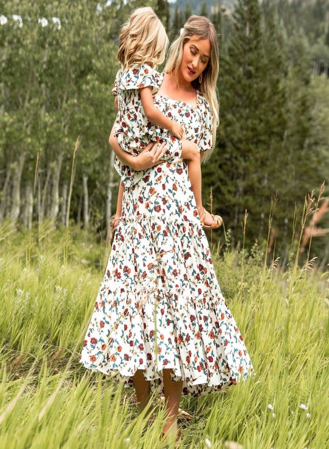 AWIBMK Mommy and Me Dresses Outfits Summer Casual Boho Floral Print Short Sleeve High Waist Sun A-Line Flowy Beach Hawaiian Vacation Maxi Dress for Mother and Daughter White Floral X-Large - Image 3