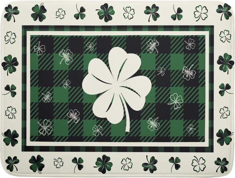 Giwawa Patrick Clovers Dish Drying Mat 18"x24" Lucky Shamrock Spring Leaf Dish Drainer Mats Green Black Buffalo Plaids Absorbent Microfiber Dish Drying Pad for Kitchen Countertop Large Decor - Image 1