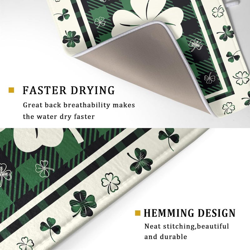 Giwawa Patrick Clovers Dish Drying Mat 18"x24" Lucky Shamrock Spring Leaf Dish Drainer Mats Green Black Buffalo Plaids Absorbent Microfiber Dish Drying Pad for Kitchen Countertop Large Decor - Image 3