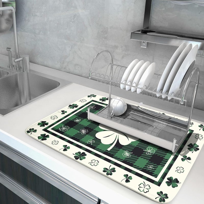 Giwawa Patrick Clovers Dish Drying Mat 18"x24" Lucky Shamrock Spring Leaf Dish Drainer Mats Green Black Buffalo Plaids Absorbent Microfiber Dish Drying Pad for Kitchen Countertop Large Decor - Image 5
