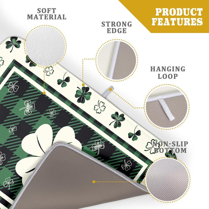 Giwawa Patrick Clovers Dish Drying Mat 18"x24" Lucky Shamrock Spring Leaf Dish Drainer Mats Green Black Buffalo Plaids Absorbent Microfiber Dish Drying Pad for Kitchen Countertop Large Decor - Image 4