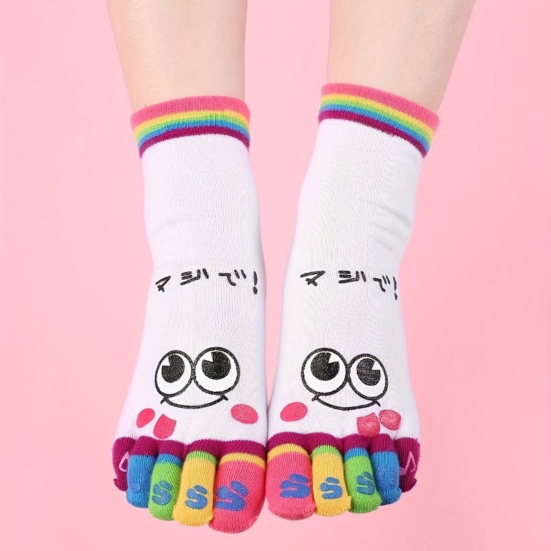 1 Pair Cartoon Printed Toe Socks, Colorful Five-Toe Sports Running Socks for Women, Polyester Knit Fabric, Hand Washable, Cute Socks - Image 2