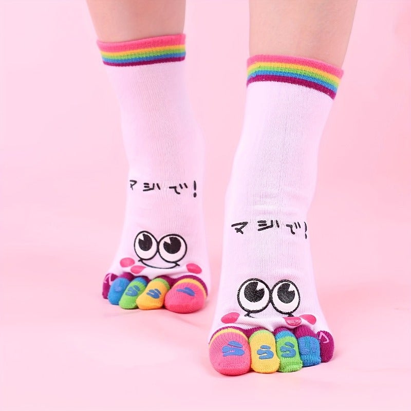 1 Pair Cartoon Printed Toe Socks, Colorful Five-Toe Sports Running Socks for Women, Polyester Knit Fabric, Hand Washable, Cute Socks - Image 4