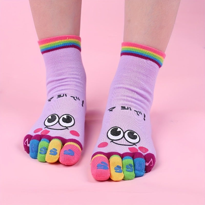1 Pair Cartoon Printed Toe Socks, Colorful Five-Toe Sports Running Socks for Women, Polyester Knit Fabric, Hand Washable, Cute Socks - Image 1