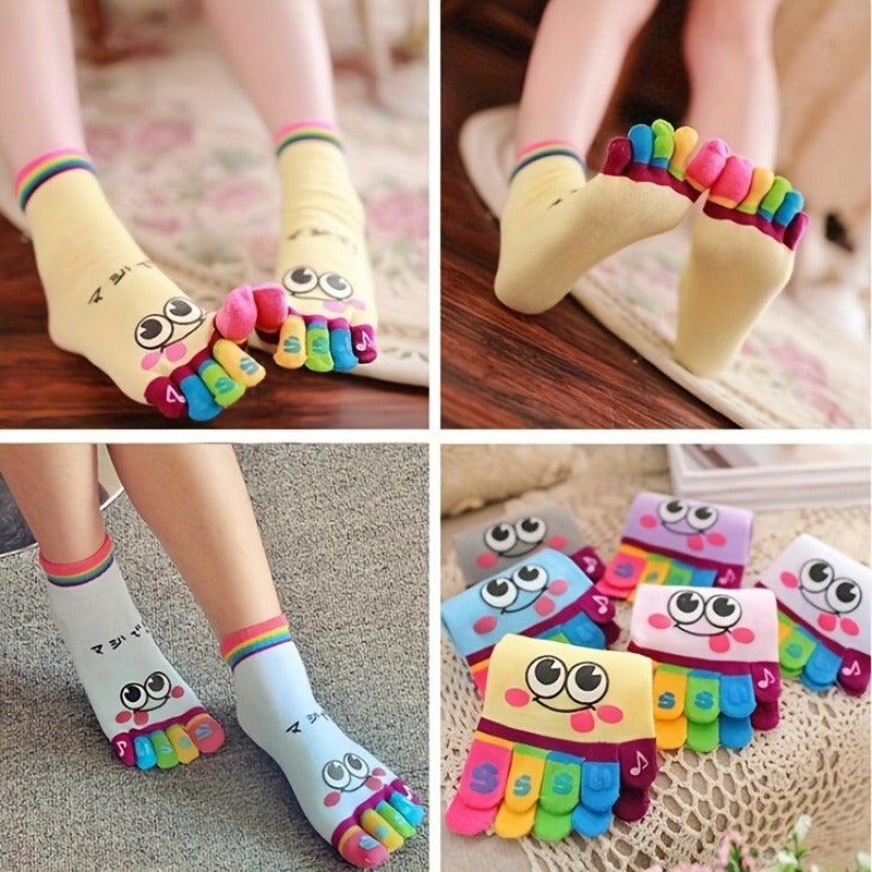 1 Pair Cartoon Printed Toe Socks, Colorful Five-Toe Sports Running Socks for Women, Polyester Knit Fabric, Hand Washable, Cute Socks - Image 3