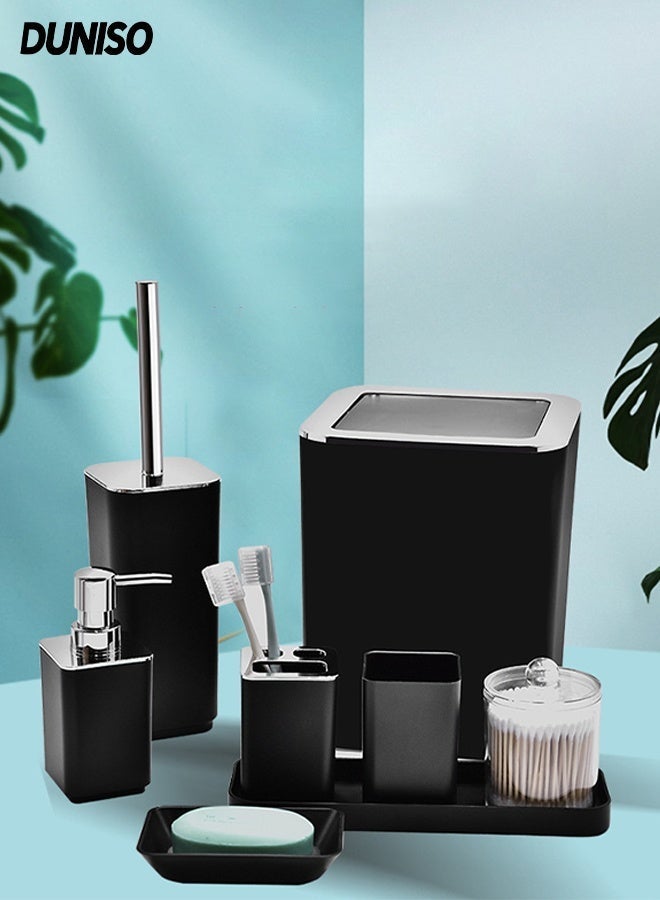 DUNISO 8 Pieces Bathroom Accessories Set with Tray,Luxury Plastic Bath Set Including Soap Dish,Toothbrush cup, Toothbrush Holder, Soap Dispenser, Toilet Brush with Holder, Garbage Bin (Black) - Image 1