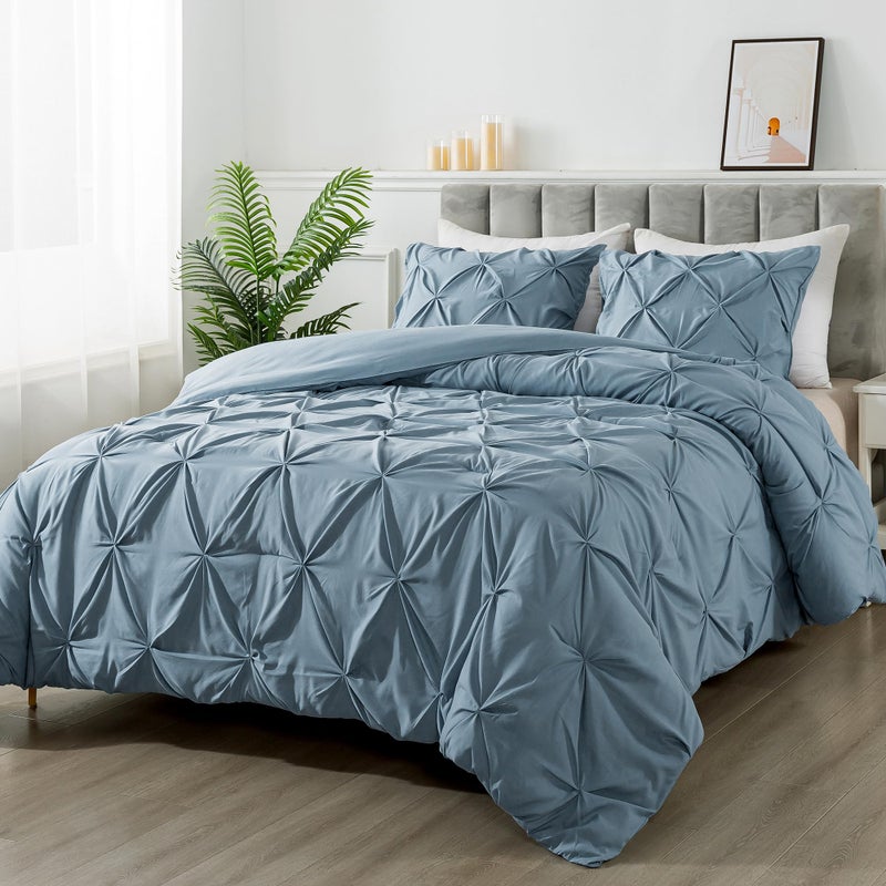 Andency Grayish Blue Pinch Pleat Comforter Full(79x90Inch)  3 Pieces(1 Pintuck Comforter and 2 Pillowcases) Solid Soft Down Alternative Microfiber Lightweight Comforter Bedding Set All Season - Image 1