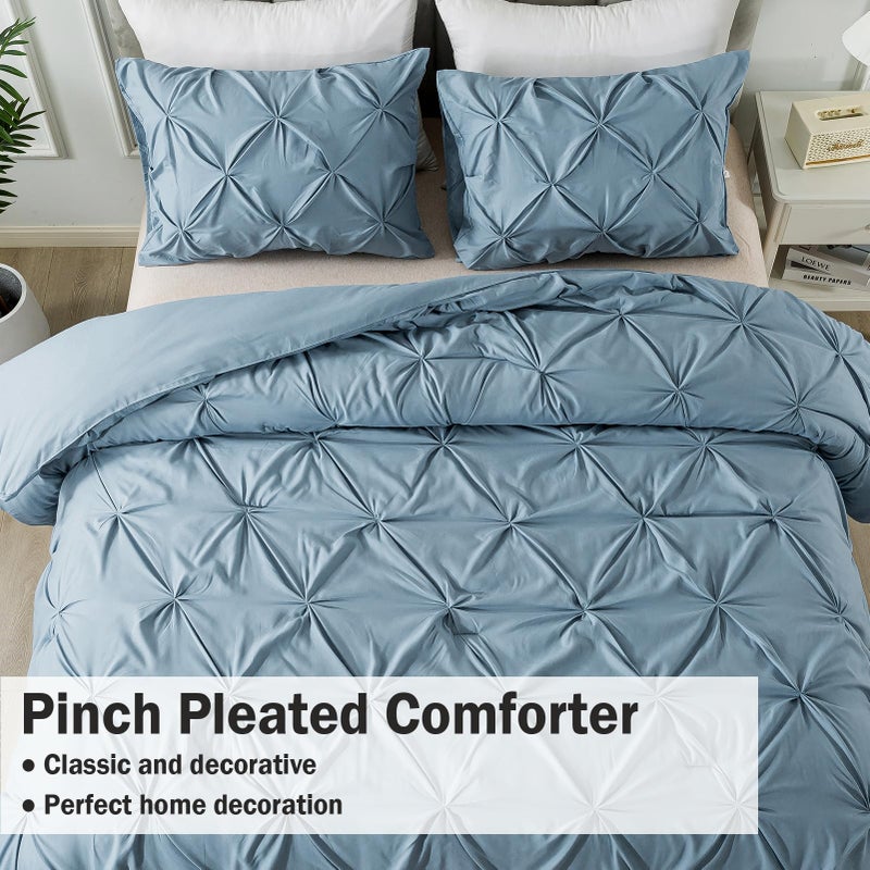 Andency Grayish Blue Pinch Pleat Comforter Full(79x90Inch)  3 Pieces(1 Pintuck Comforter and 2 Pillowcases) Solid Soft Down Alternative Microfiber Lightweight Comforter Bedding Set All Season - Image 3