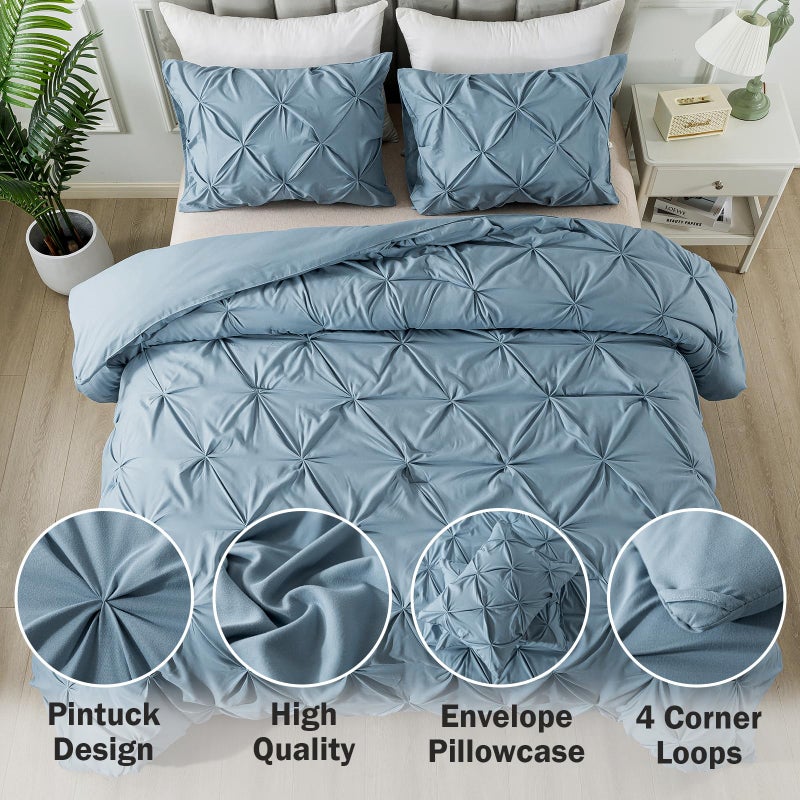 Andency Grayish Blue Pinch Pleat Comforter Full(79x90Inch)  3 Pieces(1 Pintuck Comforter and 2 Pillowcases) Solid Soft Down Alternative Microfiber Lightweight Comforter Bedding Set All Season - Image 2