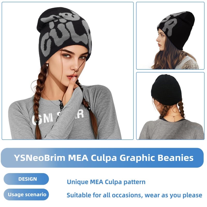 YSNeoBrim قبعات يسنيوبرم Y2K للنساء والرجال، قبعة ميا كولبا بتصميم نمط فريد، قبعة محبوكة Y2K مناسبة لجميع فصول السنة (الولايات المتحدة، ألفا، مقاس واحد، أسود رمادي) - Image 5