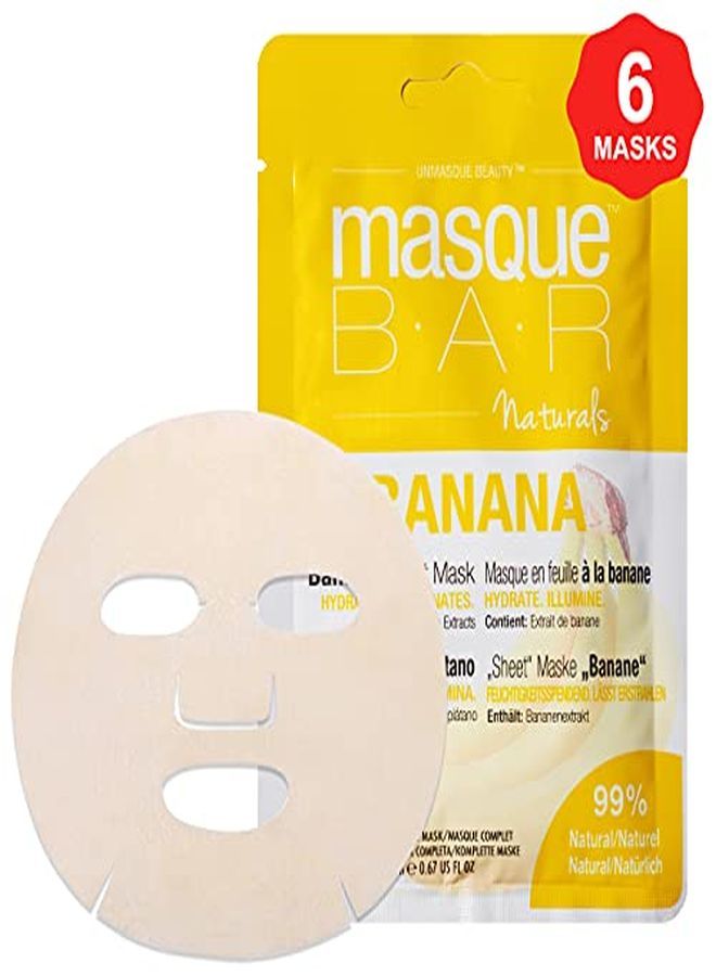 Naturals Banana Infused Facial Sheet Mask (6 Pack) All Natural Korean Beauty Face Skin Care Treatment Deeply Hydrates, Mosturizes Dry Skin, Softens, Illuminates & Enhances Skin Radiance