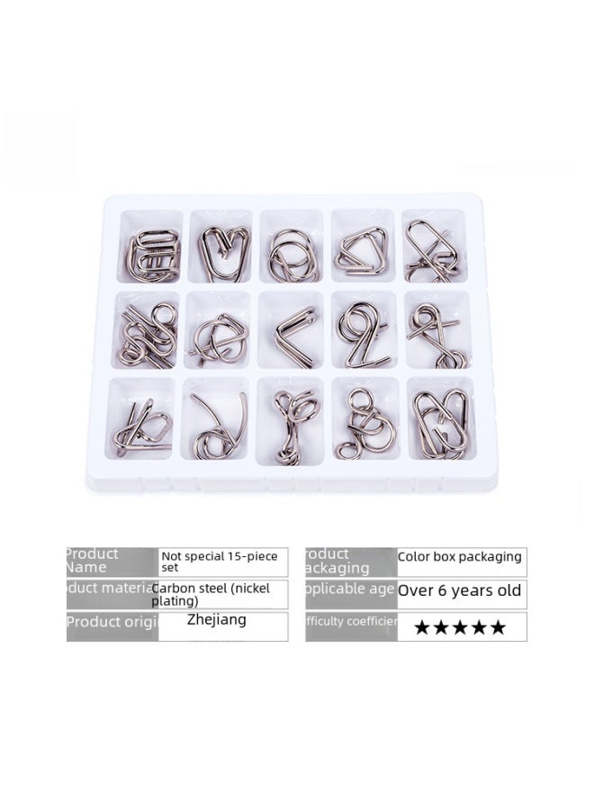 15-piece Set Smart Buckle Puzzle Toy Adult Child Educational Brain Teaser Nine Ring Lock Unlock Ring Game-Color:English Version  - Image 3