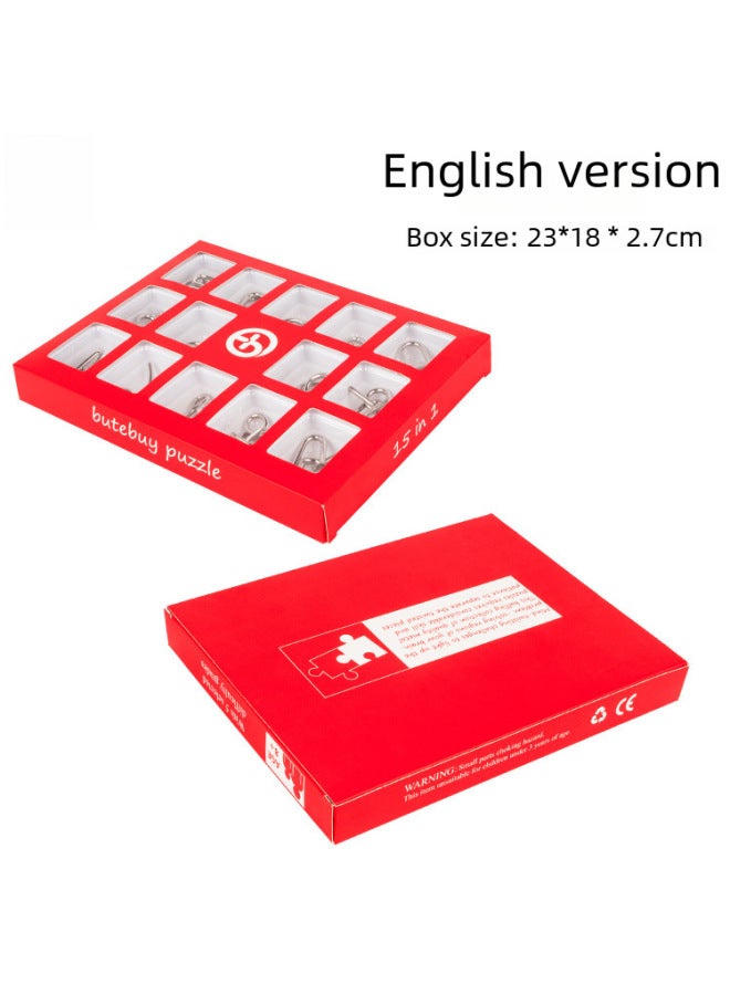 15-piece Set Smart Buckle Puzzle Toy Adult Child Educational Brain Teaser Nine Ring Lock Unlock Ring Game-Color:English Version  - Image 1