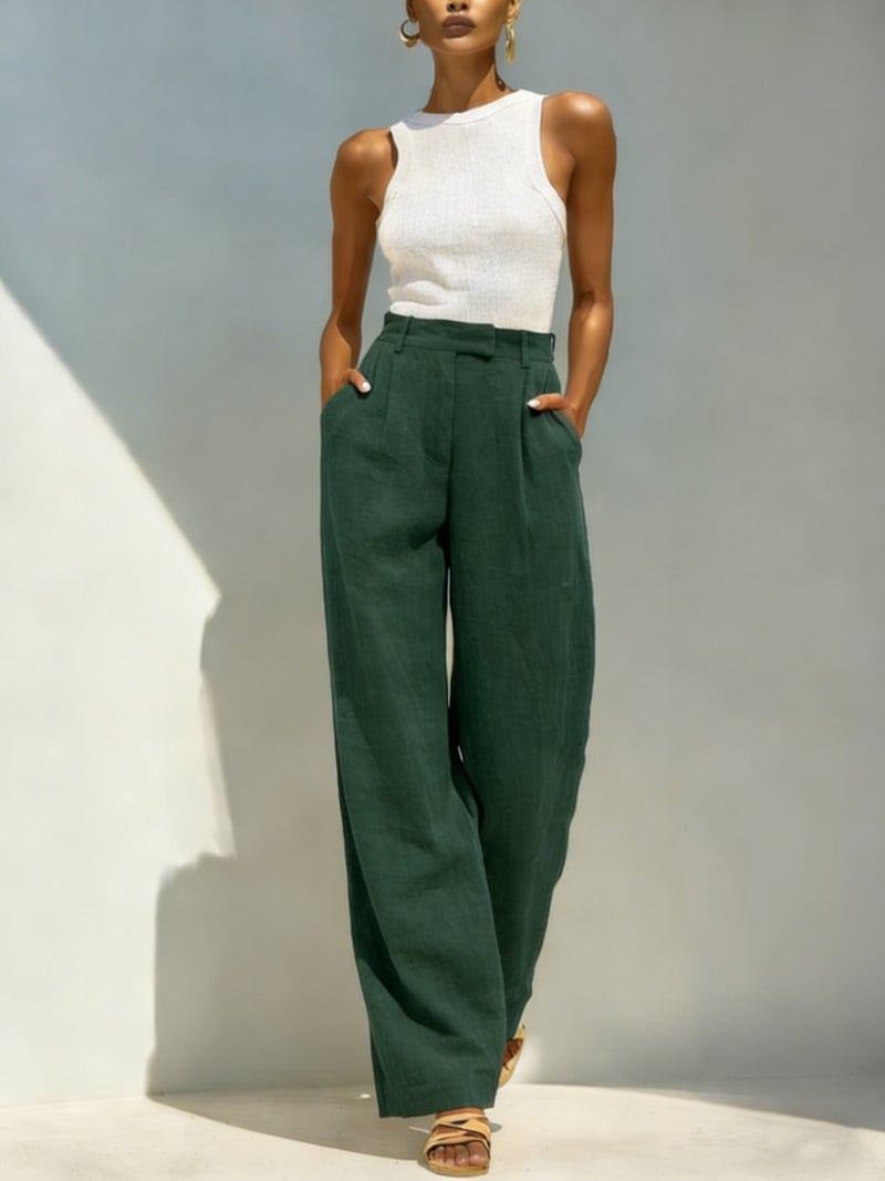 Linen Casual Straight Leg Pants for Women High Waist Elastic Waist Pockets - Image 5