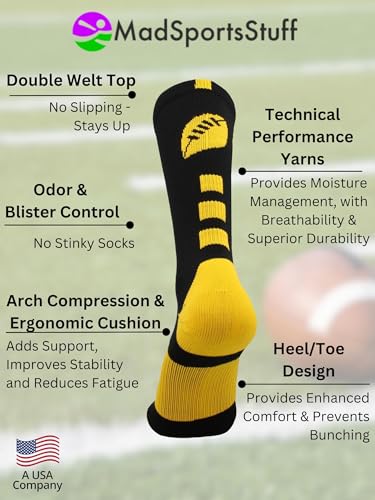 MadSportsStuff Football Logo Crew Socks (Black/Gold, Large) - Image 3