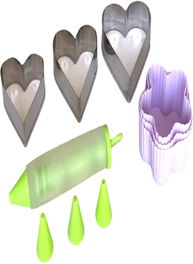 Cake Decoration Set - 3 Heart Cookie Cutters, Decorating Pen, 3 Funnels and 3 Silicon Molds - Multi Color