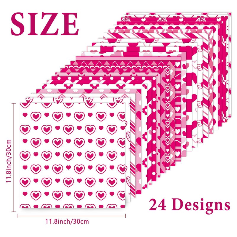 Lonfliness 48PCS Valentines Scrapbook Paper 12x12in Rose Red Pink Hearts Scrapbook Specialty Papers 24 Styles Love Decorative Paper Folded Flat DIY for Card Making Photo Album Journal Craft Decoration - Image 2