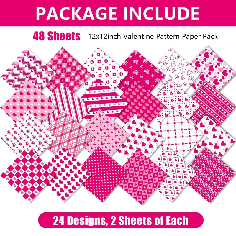 Lonfliness 48PCS Valentines Scrapbook Paper 12x12in Rose Red Pink Hearts Scrapbook Specialty Papers 24 Styles Love Decorative Paper Folded Flat DIY for Card Making Photo Album Journal Craft Decoration - Image 4