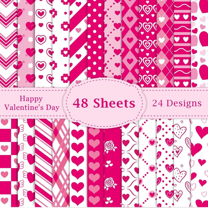 Lonfliness 48PCS Valentines Scrapbook Paper 12x12in Rose Red Pink Hearts Scrapbook Specialty Papers 24 Styles Love Decorative Paper Folded Flat DIY for Card Making Photo Album Journal Craft Decoration - Image 1