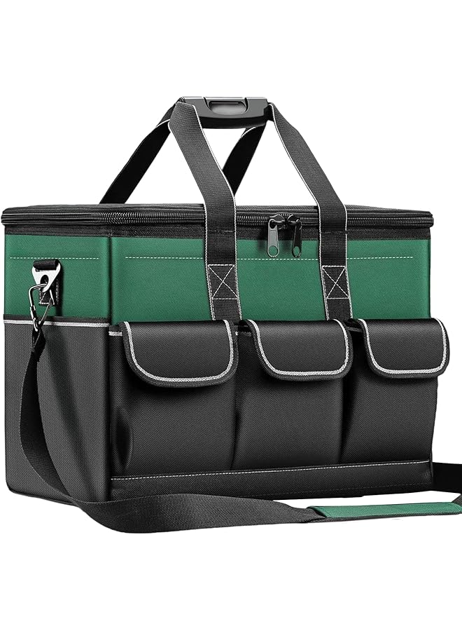 promass 15-inch Wide Mouth Tool Organiser, 600 Denier with 6 Interior 8 Exterior Pockets Electricians Tool Bag for Home DIY & Equipment Storage, Green and Black - Image 1