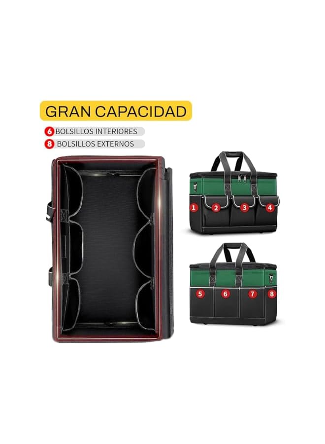 promass 15-inch Wide Mouth Tool Organiser, 600 Denier with 6 Interior 8 Exterior Pockets Electricians Tool Bag for Home DIY & Equipment Storage, Green and Black - Image 4