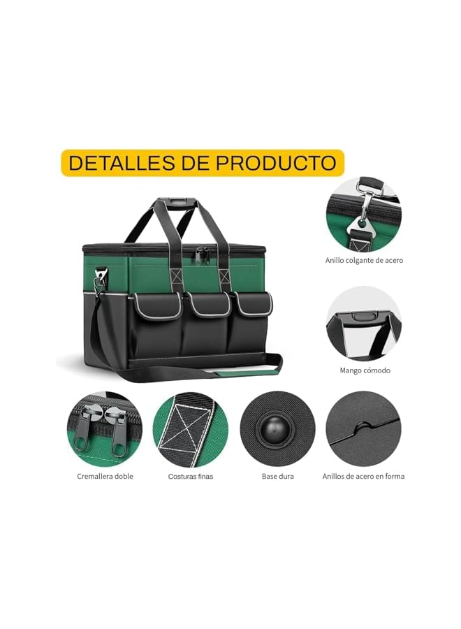 promass 15-inch Wide Mouth Tool Organiser, 600 Denier with 6 Interior 8 Exterior Pockets Electricians Tool Bag for Home DIY & Equipment Storage, Green and Black - Image 3