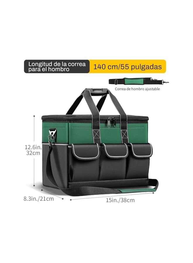 promass 15-inch Wide Mouth Tool Organiser, 600 Denier with 6 Interior 8 Exterior Pockets Electricians Tool Bag for Home DIY & Equipment Storage, Green and Black - Image 2