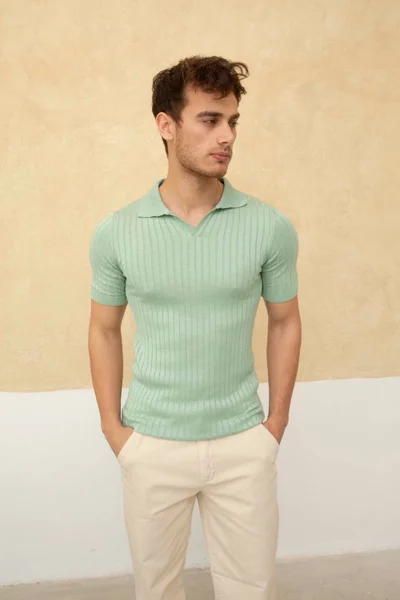 Cool Tarz Cool Style Men's Ribbed Polo Neck Knit T-Shirt