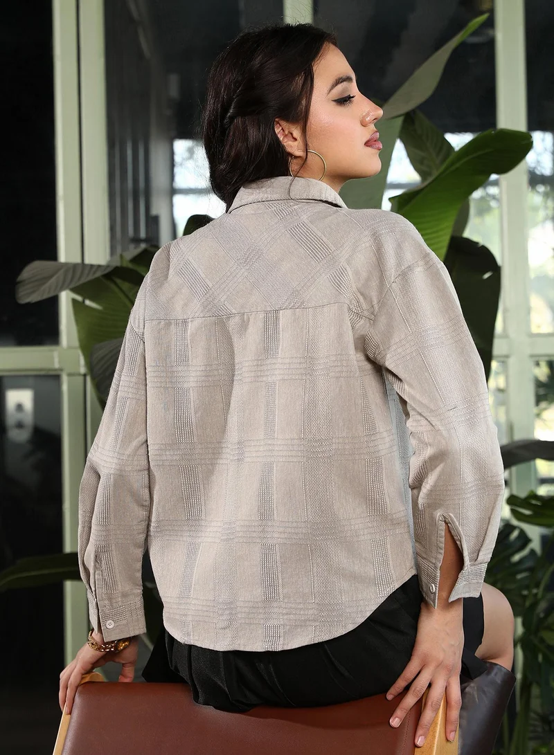 Pinacolada  Women's Cloud Grey Check-Jacquard Oversized Shirt for Women | Best Price UAE